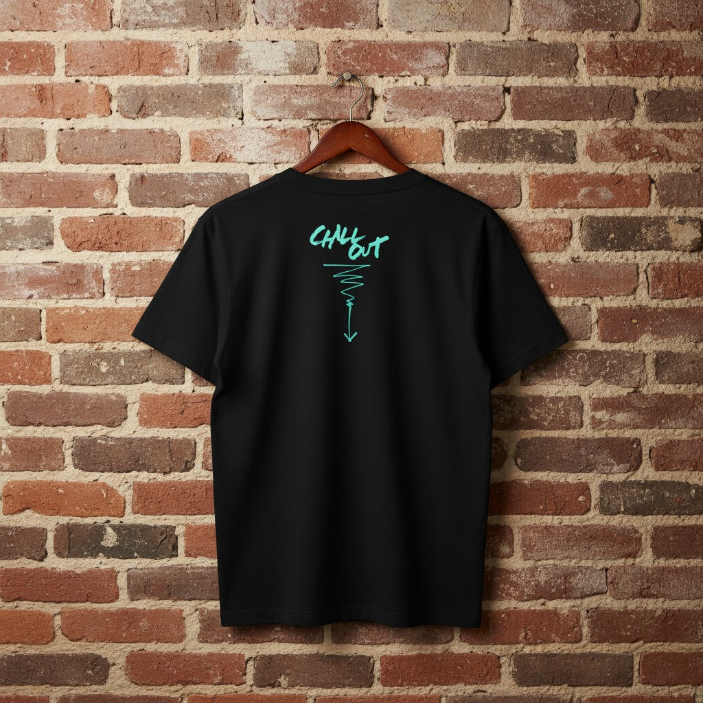 LINKWEED black cotton t-shirt with teal "CHILL OUT" graphic and arrow design on back.