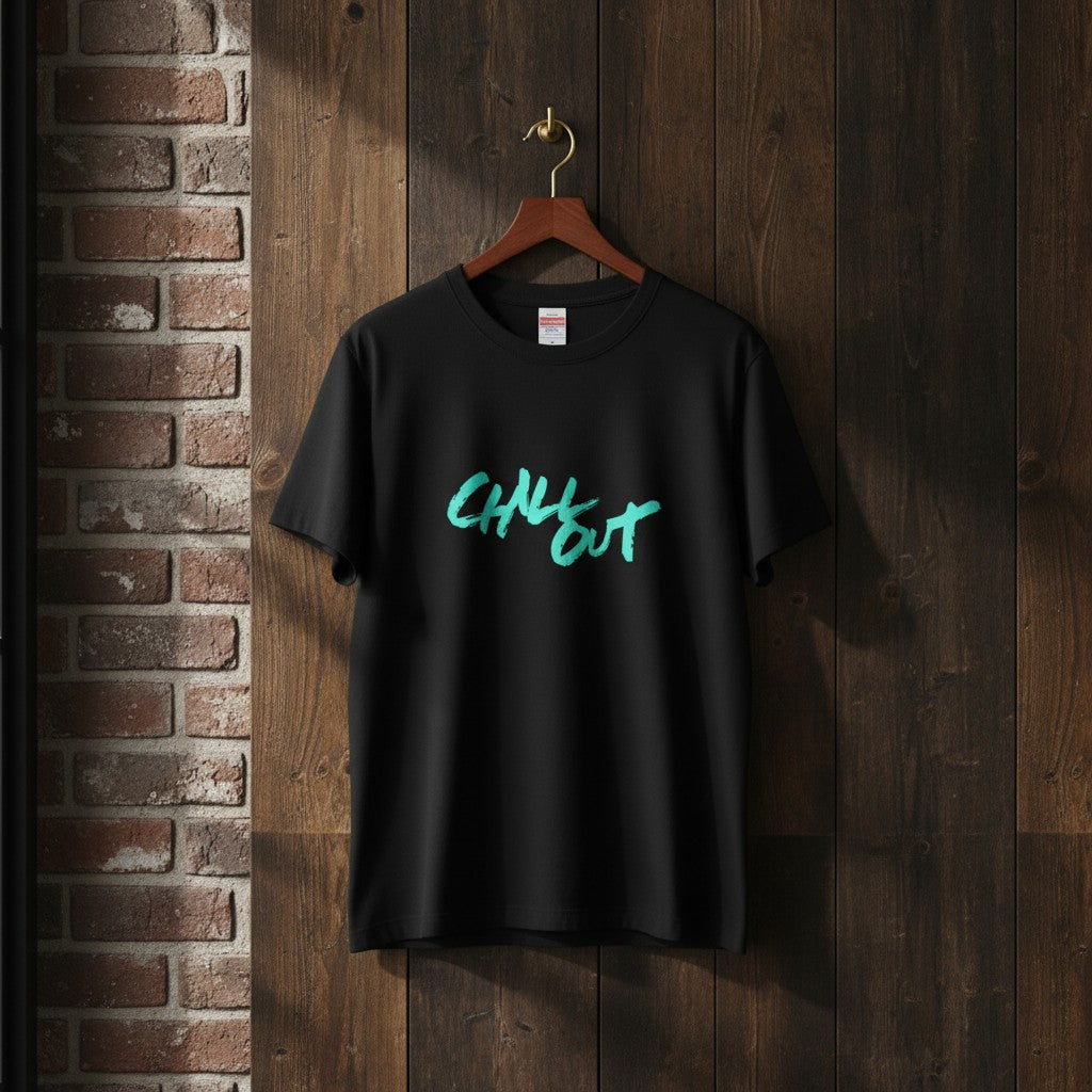 LINKWEED black 100% cotton t-shirt with "CHILL OUT" graphic in teal brush script.