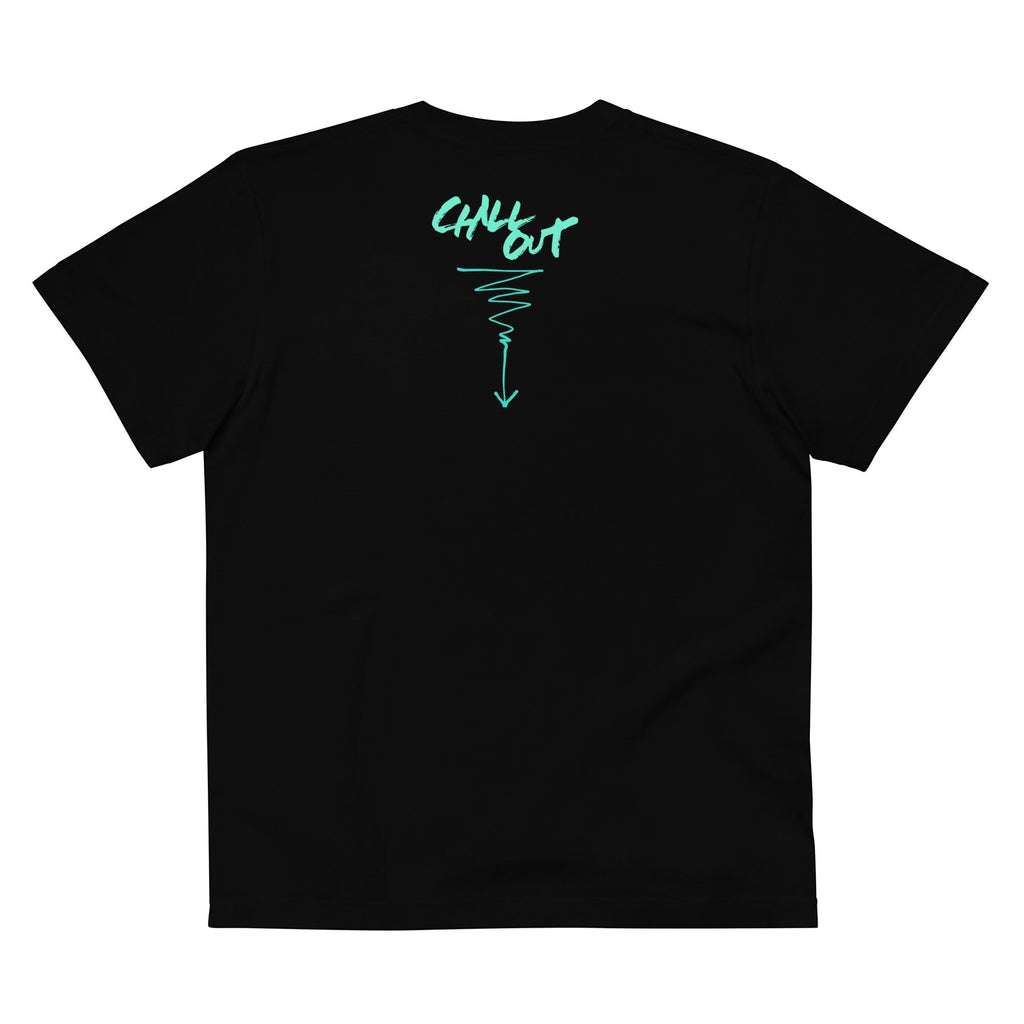 LINKWEED black cotton t-shirt with teal "CHILL OUT" graphic and arrow design on back.