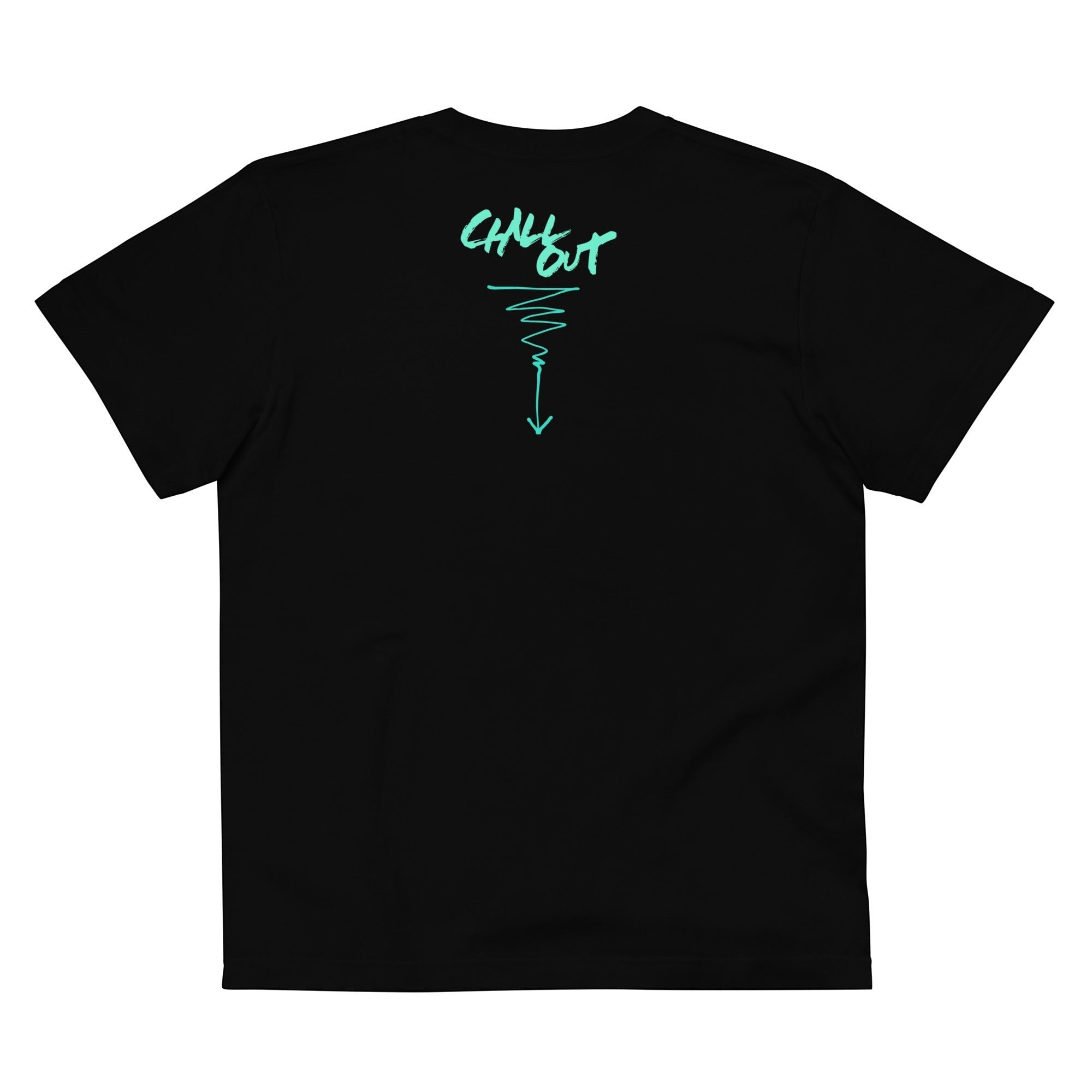 LINKWEED black cotton t-shirt with teal "CHILL OUT" graphic and arrow design on back.