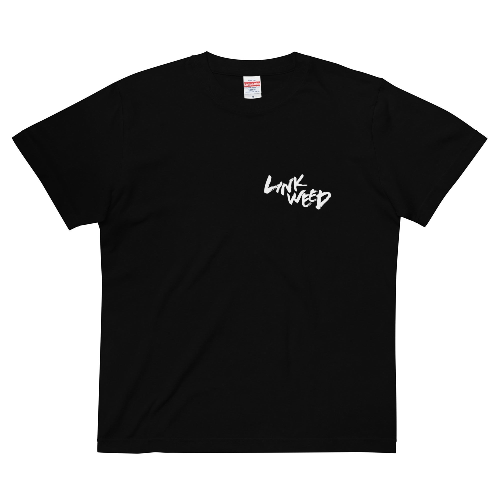 LINKWEED black cotton t-shirt with white graffiti-style logo on the left chest. Standard fit, short sleeves.