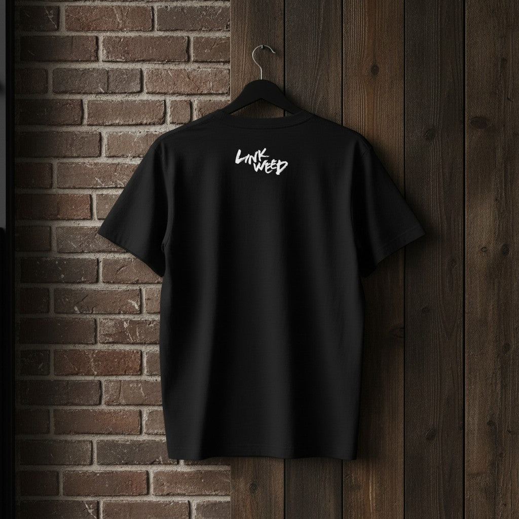 LINKWEED black 100% cotton t-shirt with white graphic logo on back, regular fit, short sleeves.