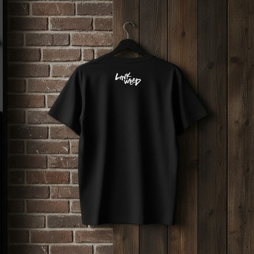 LINKWEED black 100% cotton t-shirt with white graphic logo on back, regular fit, short sleeves.