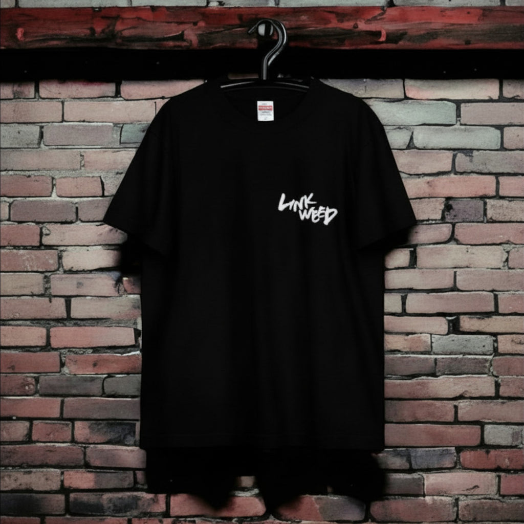 LINKWEED black cotton t-shirt with white graphic logo on chest, standard fit.