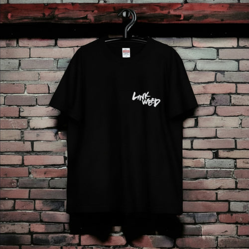 LINKWEED black cotton t-shirt with white graphic logo on chest, standard fit.