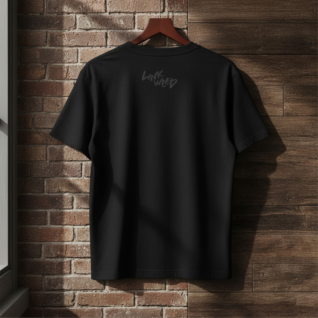 LINKWEED black cotton t-shirt with grey graffiti-style logo on back. Standard fit.