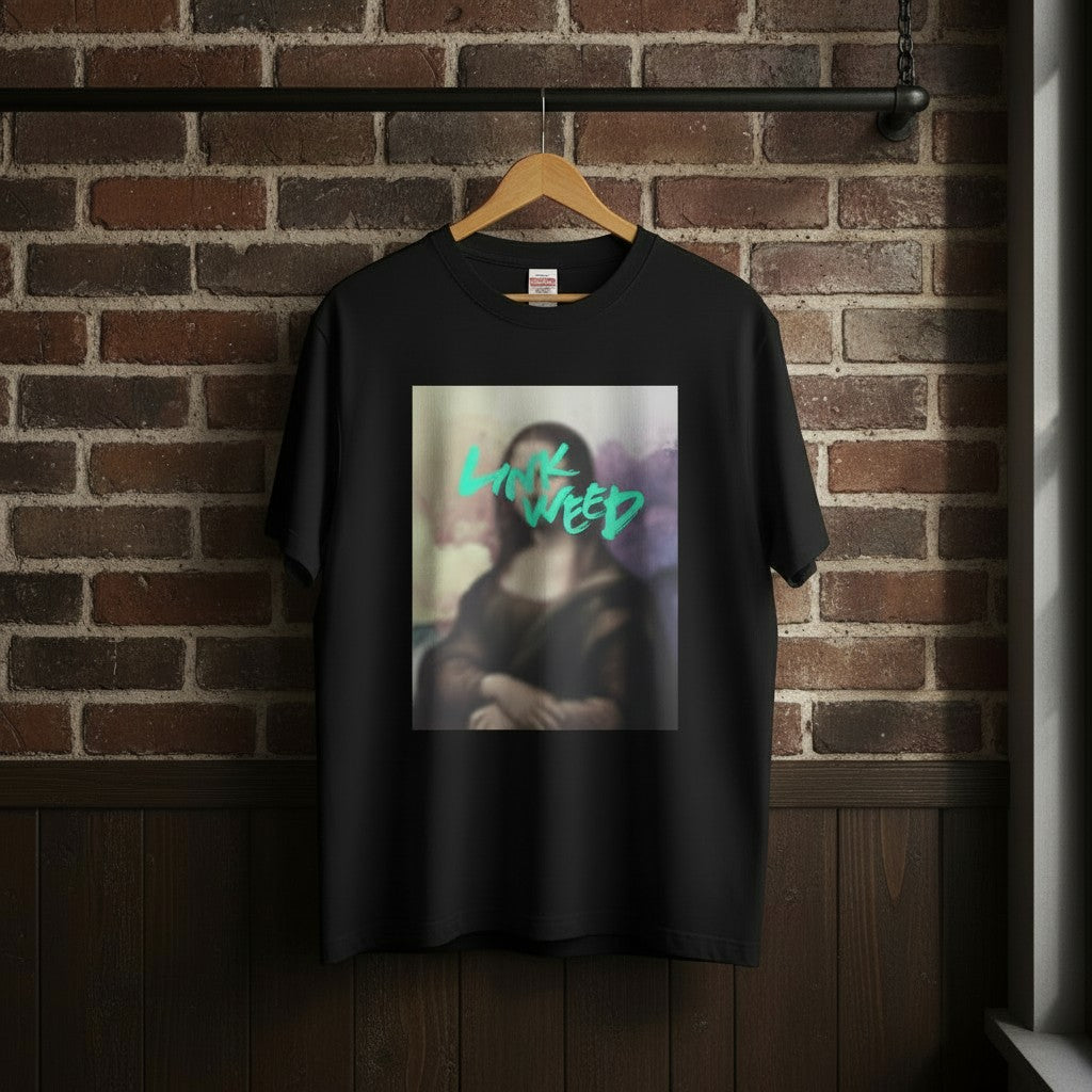 LINKWEED black cotton t-shirt with a blurred Mona Lisa graphic and teal text.