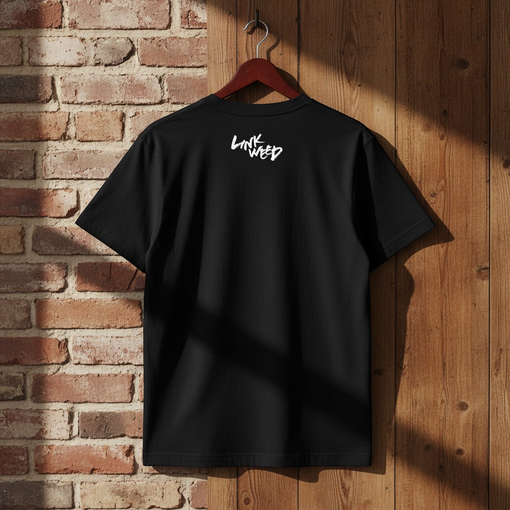 LINKWEED black cotton t-shirt with white graphic logo on the back, standard fit.