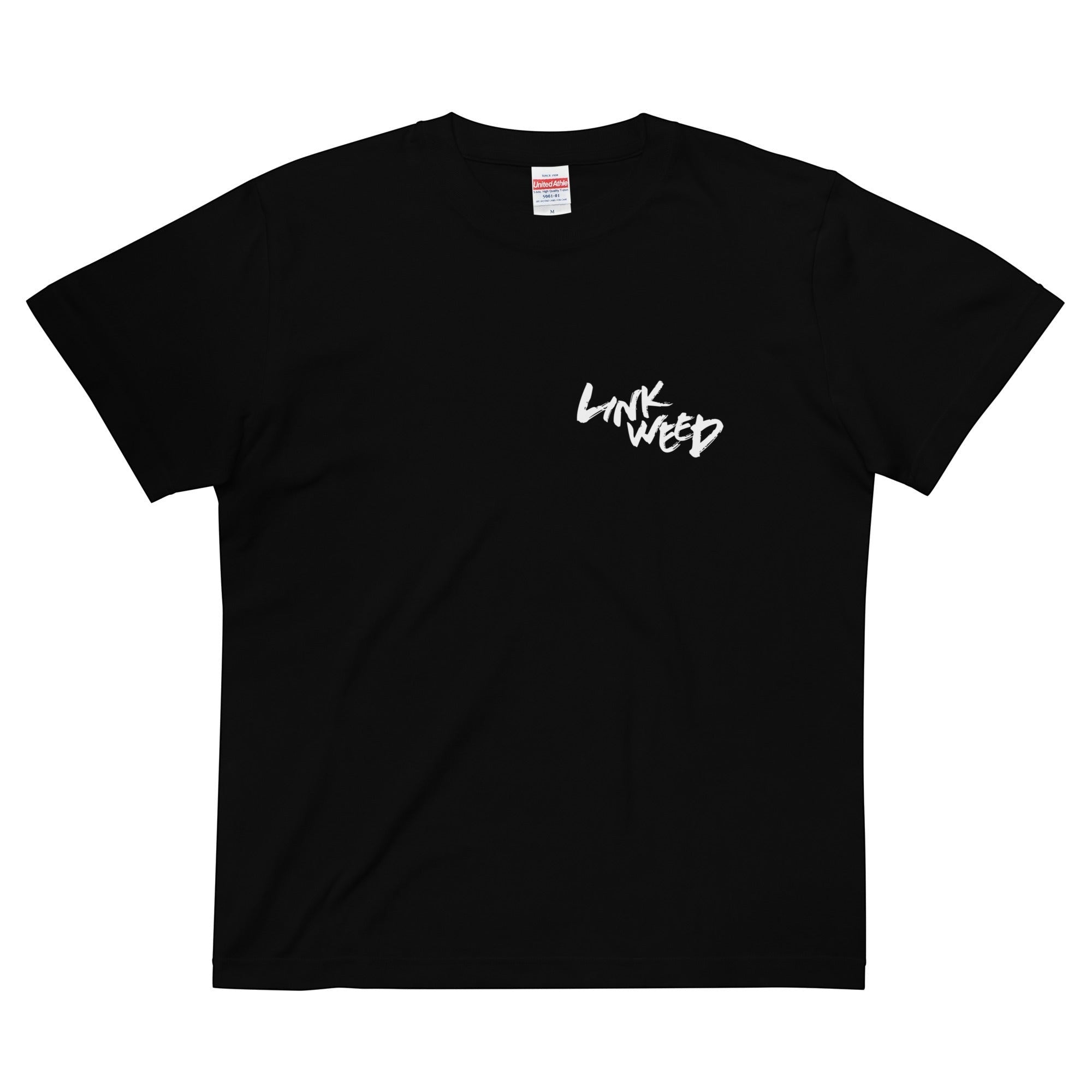 LINKWEED black cotton t-shirt with white graffiti-style logo on the left chest. Standard fit.