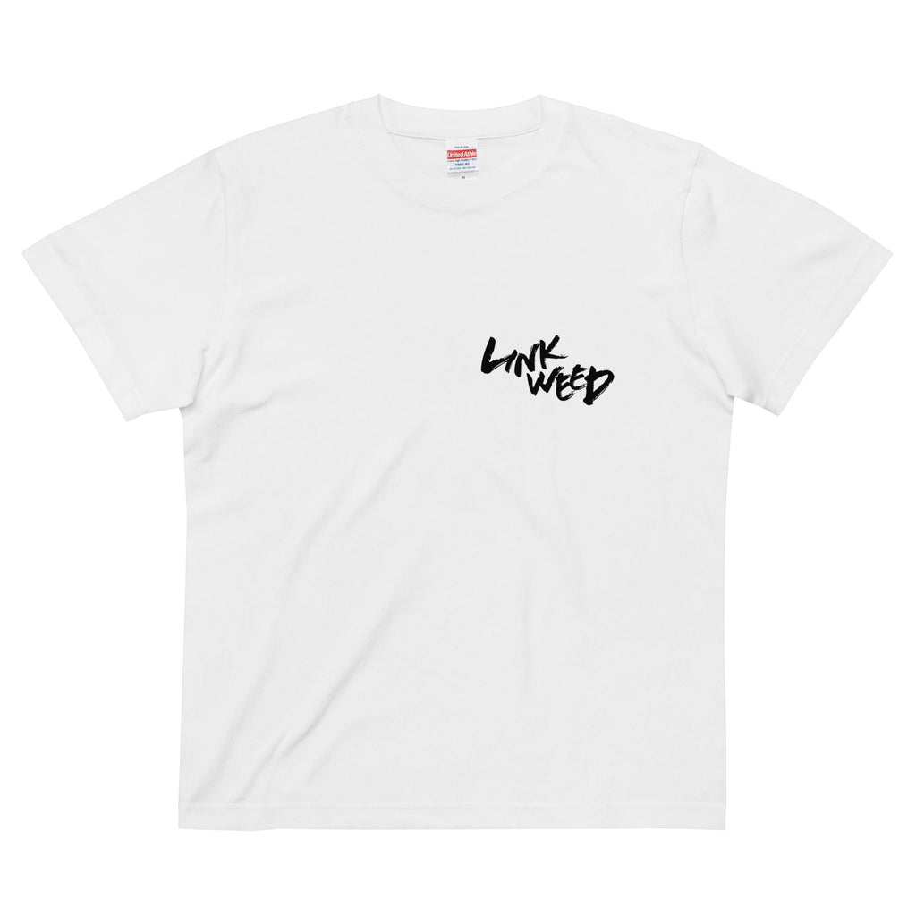 LINKWEED white cotton t-shirt with black graffiti-style logo on the left chest. Standard fit.