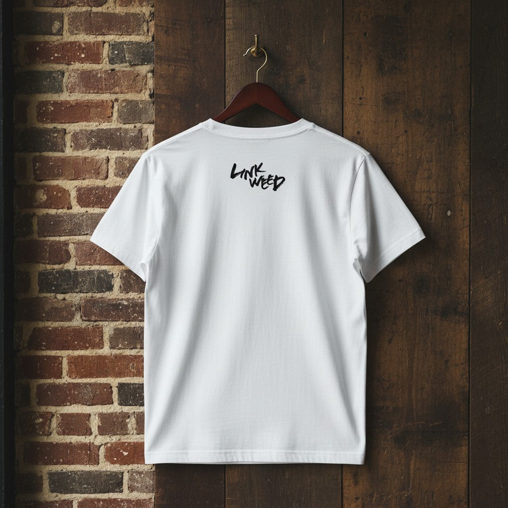 LINKWEED white cotton t-shirt with black graffiti-style logo on the back.