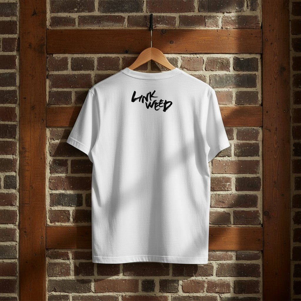 LINKWEED white cotton t-shirt with black graffiti-style logo on back, standard fit.
