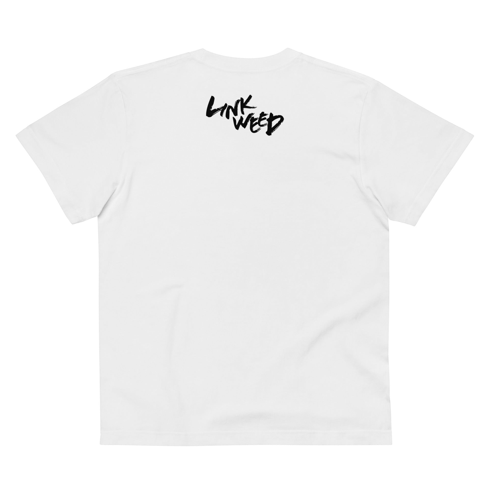 LINKWEED white cotton t-shirt with black graphic logo on back. Standard fit, short sleeves.