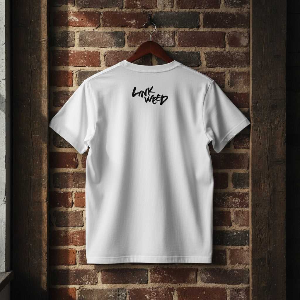 LINKWEED white cotton t-shirt with black graphic logo on back, standard fit.