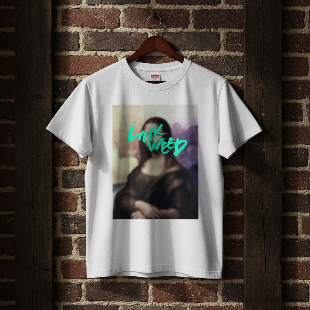 LINKWEED white cotton t-shirt with Mona Lisa graphic and neon green text overlay.